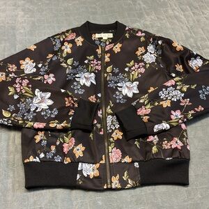 Pink Rose Bomber Jacket, Black, Floral, Boho, Satin, Size S